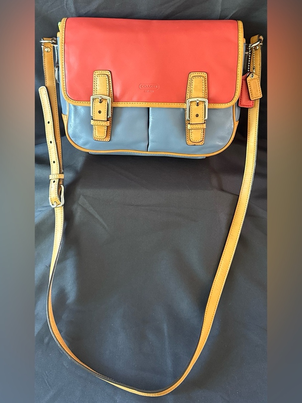 Coach Park Colorblock Flap Crossbody (F23383) in Red & Blue With Tan Trim - Picture 3 of 15